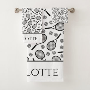 Black Tennis Rackets and Grey Balls Customizable H Bath Towel Set