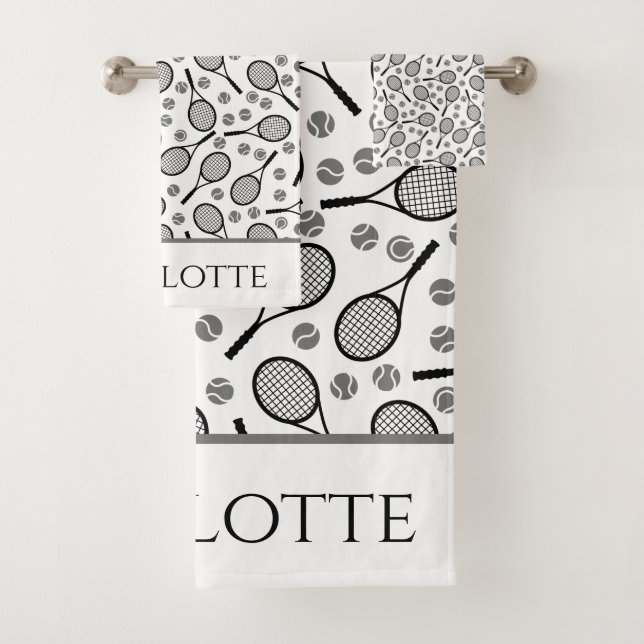 Black Tennis Rackets and Grey Balls Customizable H Bath Towel Set (Insitu)