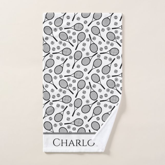 Black Tennis Rackets and Grey Balls Customizable Hand Towel (Hand Towel)