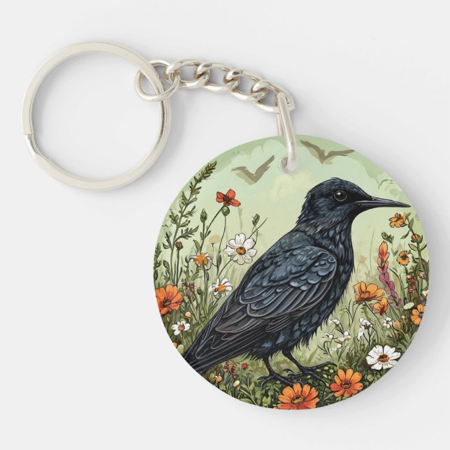 🖤 Black Tern Bird Floral Nature Design  Keychain (Front)