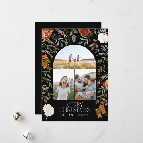 Black terracotta 3 photo botanical elegant arch holiday card