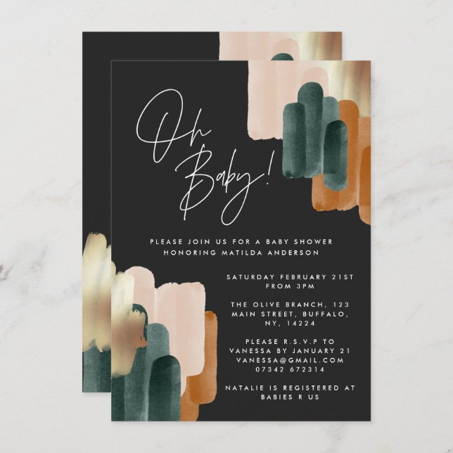 Black terracotta abstract watercolor baby shower invitation (Front/Back)