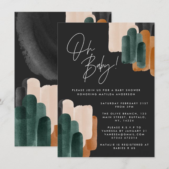 Black terracotta abstract watercolor baby shower invitation (Front/Back)