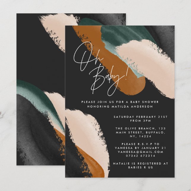 Black terracotta abstract watercolor baby shower invitation (Front/Back)