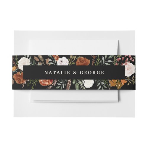 Black terracotta botanical elegant modern floral invitation belly band