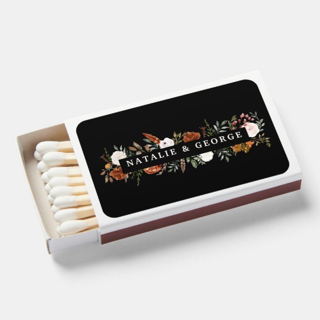 Black terracotta botanical elegant modern floral matchboxes (Front Open)