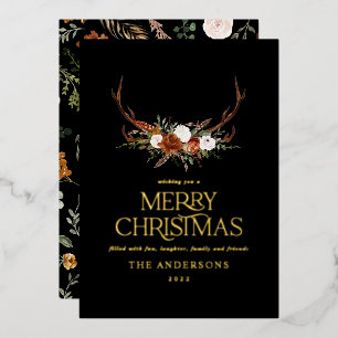 Black terracotta botanical elegant stag floral foi foil holiday card