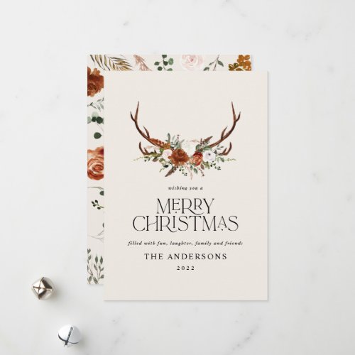 Black terracotta botanical elegant stag floral hol holiday card