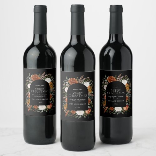 Black terracotta Christmas botanical elegant Wine Label