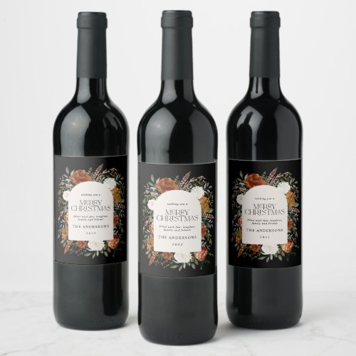 Black terracotta Christmas botanical elegant Wine  Wine Label