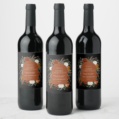 Black terracotta Christmas botanical elegant Wine  Wine Label