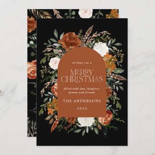 Black terracotta floral botanical elegant arch holiday card