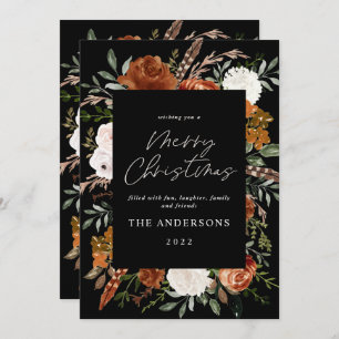 Black terracotta floral botanical elegant photo holiday card