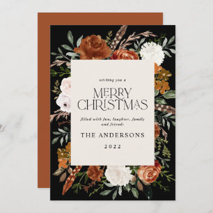 Black terracotta floral botanical elegant script holiday card