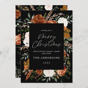 Black terracotta floral botanical elegant script holiday card