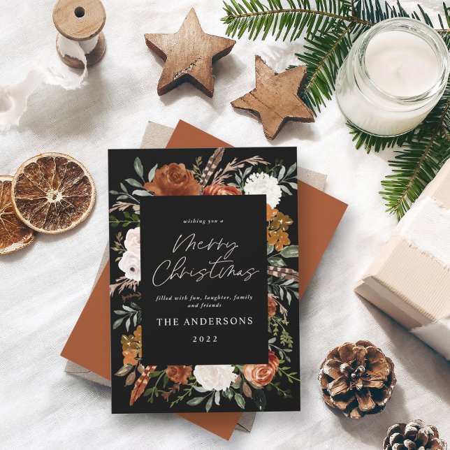 Black terracotta floral botanical elegant script holiday card (Creator Uploaded)