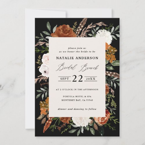 Black terracotta floral rustic bridal brunch invitation