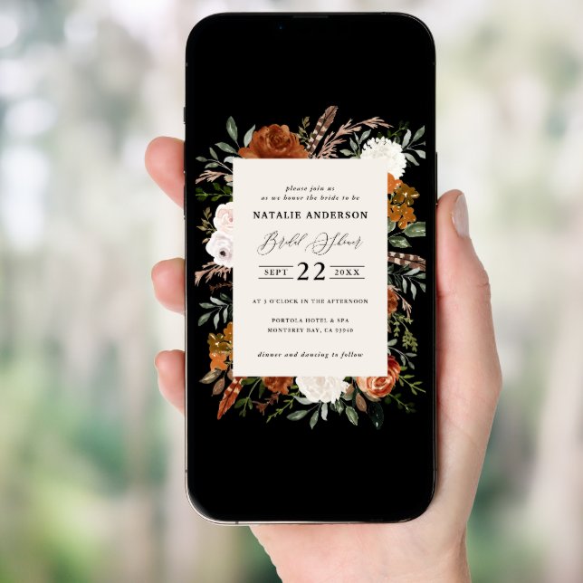 Black terracotta floral rustic bridal shower invitation (Front Digital)