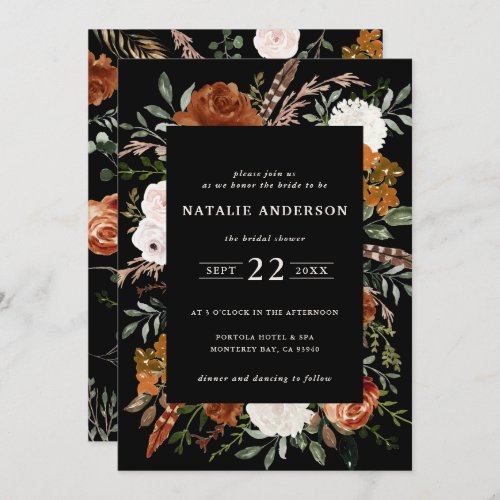Black terracotta floral rustic bridal shower invitation