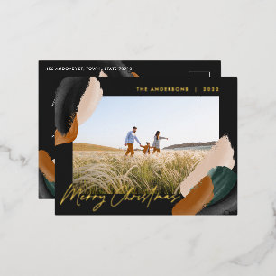Black terracotta modern minimal watercolor photo foil holiday postcard