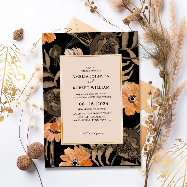 Black Terracotta watercolor Floral Fall Wedding Invitation | Zazzle
