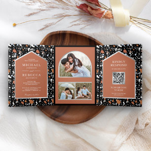 Black Terrazzo Tile Terracotta QR Code Wedding Tri-Fold Invitation