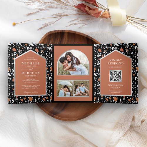 Black Terrazzo Tile Terracotta QR Code Wedding Tri_Fold Invitation