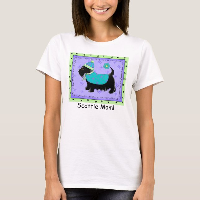 Black Terrier Dog Purple Green Custom Scottie Mom T-Shirt (Front)