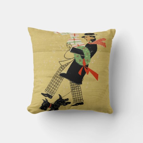 Black Terrier Dog With Man Vintage Christmas Throw Pillow