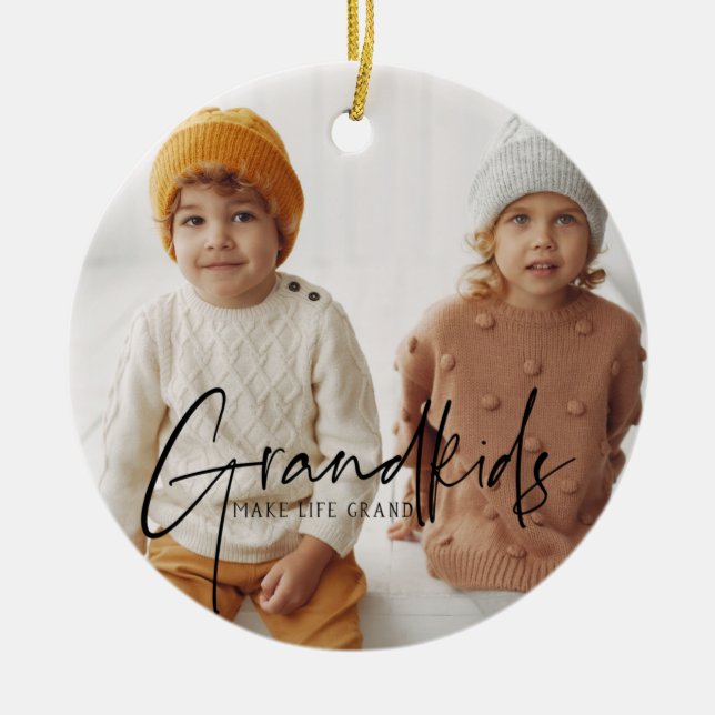 Black Text | Grandkids Make Life Grand Photo Ceramic Ornament (Front)