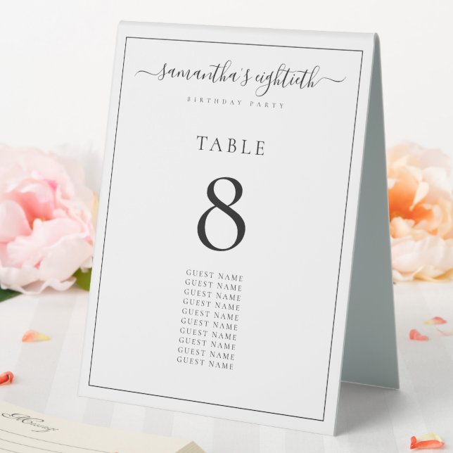 Black Text Guest Names Birthday Table Number Tent (In SItu (Wedding))