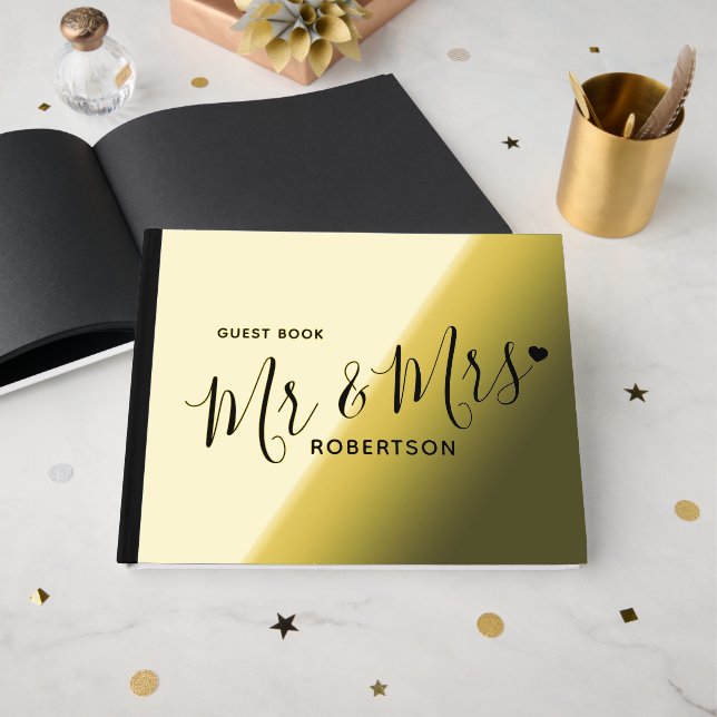 Black text little heart custom gold wedding foil guest book  (Front Open)