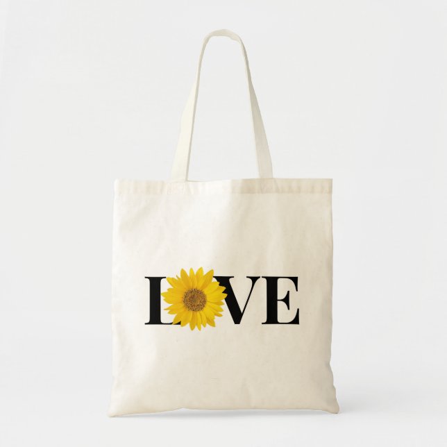 Black Text "Love" with Yellow Sunflower Tote Bag (Front)