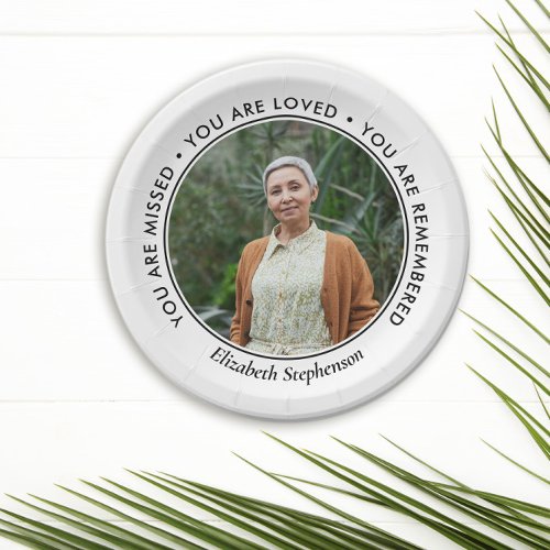 Black Text Missed Loved Remembered Photo Memorial Paper Plates
