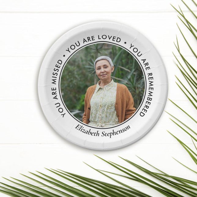 Black Text Missed Loved Remembered Photo Memorial Paper Plates (Creator Uploaded)