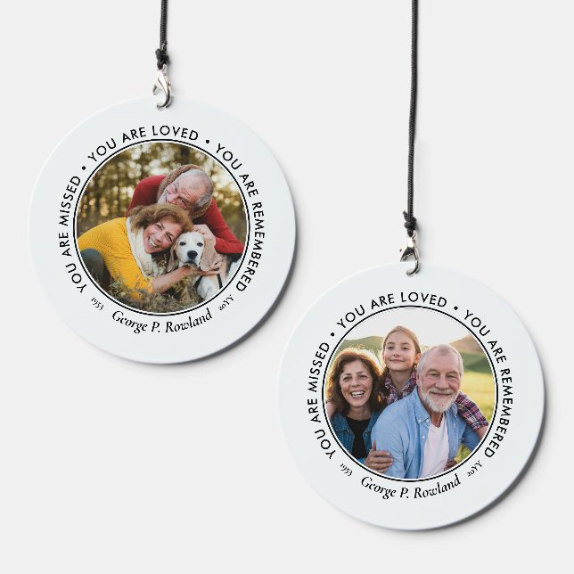 Black Text Missed Loved Remembered Photo Memorial Wind Chime (Front & Back)