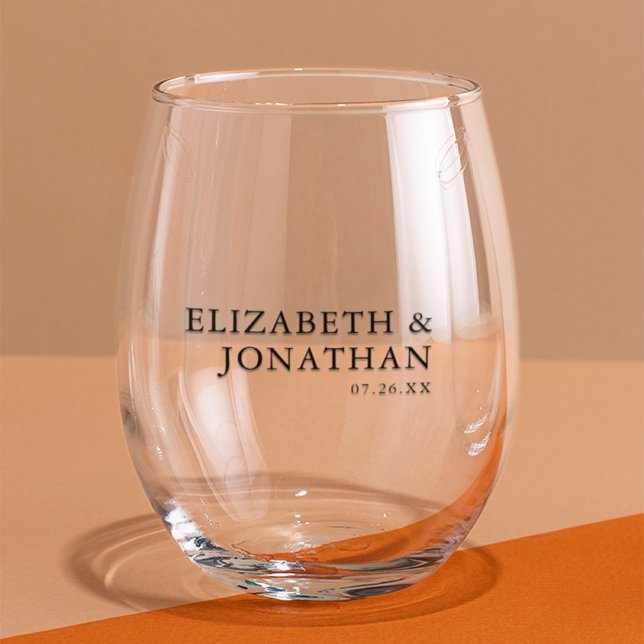 Black Text Modern Minimalist Couples Names Stemless Wine Glass (Black Text Modern Minimalist Couples Names Stemless Wine Glass)