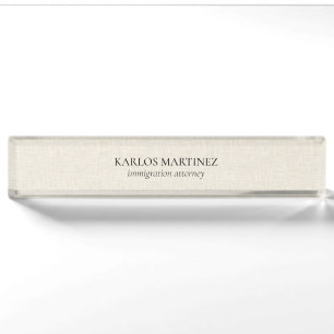 Black Text On Beige Linen Immigration Attorney Desk Name Plate