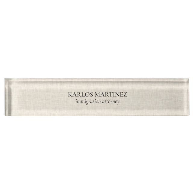 Black Text On Beige Linen Immigration Attorney Desk Name Plate (Front)