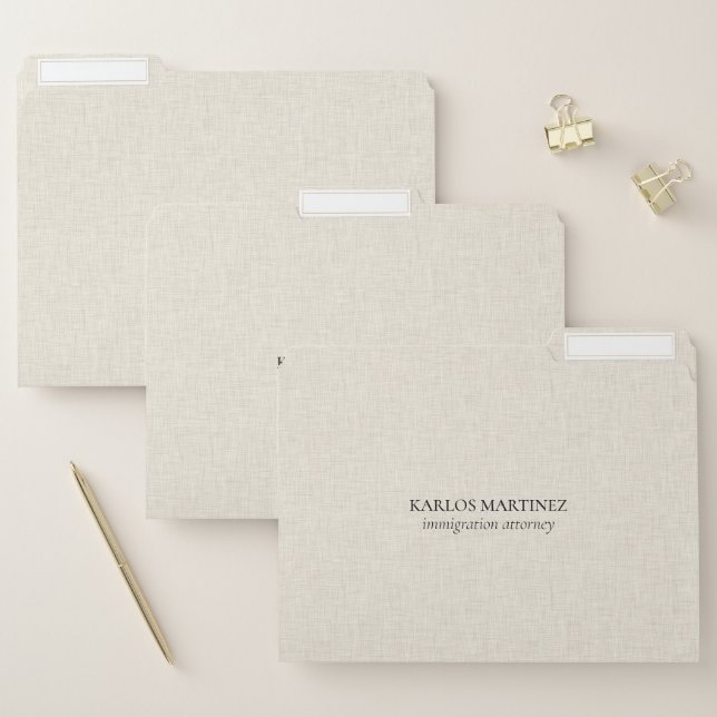 Black Text On Beige Linen Immigration Attorney File Folder (Set)
