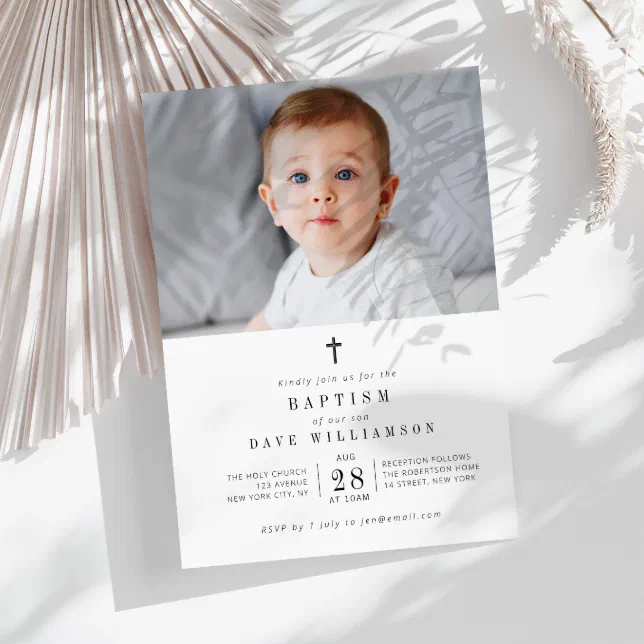 Black Text Photo Baptism Invitation 