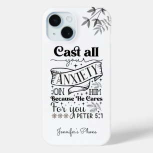 Black Text Typography, 1 Peter 5:7 Scripture iPhone 15 Case