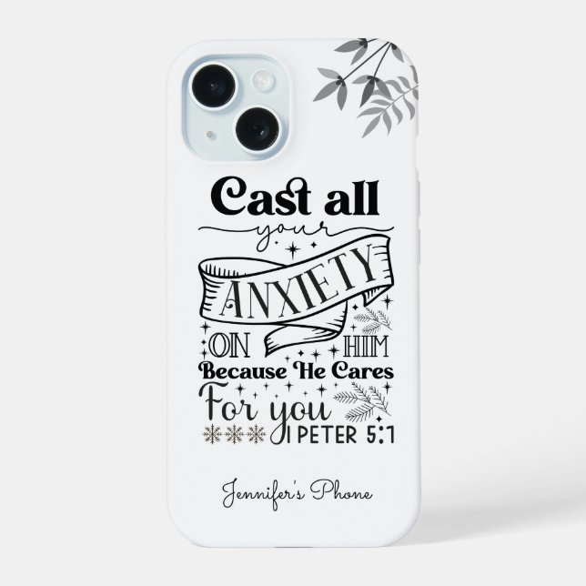 Black Text Typography, 1 Peter 5:7 Scripture Iphone Case (Back)
