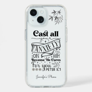 Black Text Typography, 1 Peter 5:7 Scripture iPhone 15 Case