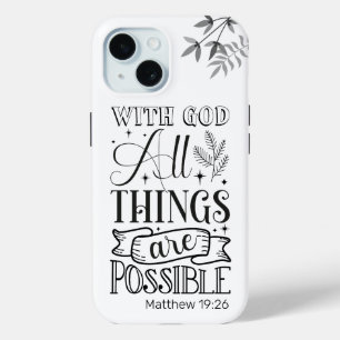 Black Text Typography, Matthew 19:26 Scripture iPhone 15 Case