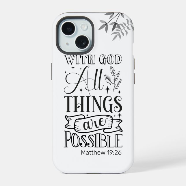 Black Text Typography, Matthew 19:26 Scripture Iphone Case (Back)