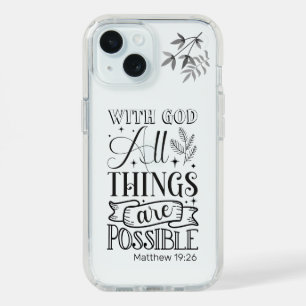 Black Text Typography, Matthew 19:26 Scripture iPhone 15 Case