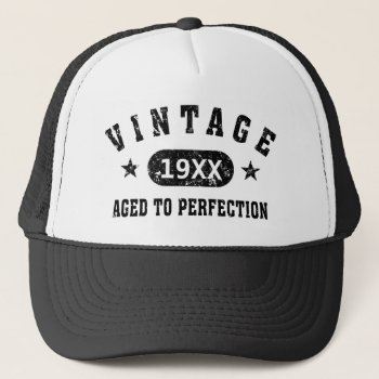 Black Text Vintage Aged To Perfection Hat by giftcy at Zazzle