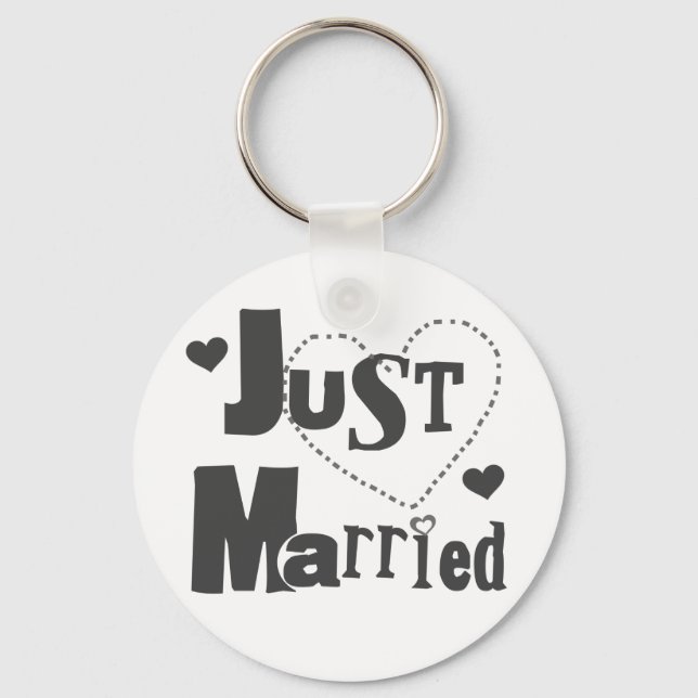 Black Text with Heart Just Married Keychain (Front)