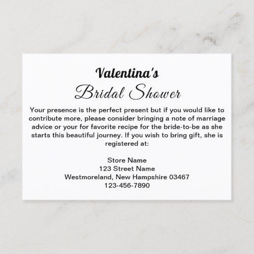 Black Texts on White Background Bridal Shower Enclosure Card